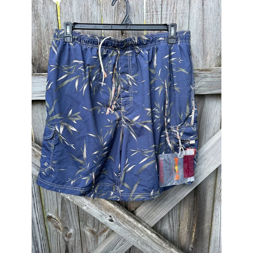 Caribbean Joe Mens Navy Bamboo Leaf Print Swim Trunks XXL Cargo Shorts NWT